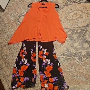 INC+ALFANI; Coral Top & wide leg floral stretchy flow pants